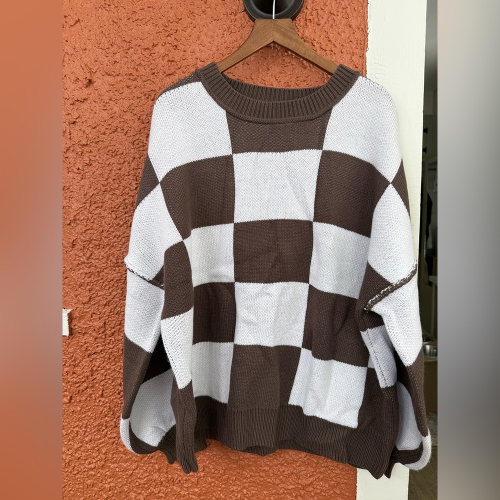 Cozy Brown Cream Checkered Block Check Knit Sweater Womens Size Extra Large